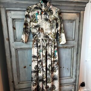 Zimmermann Cream Tropical Midi Dress with Green and Teal Accents